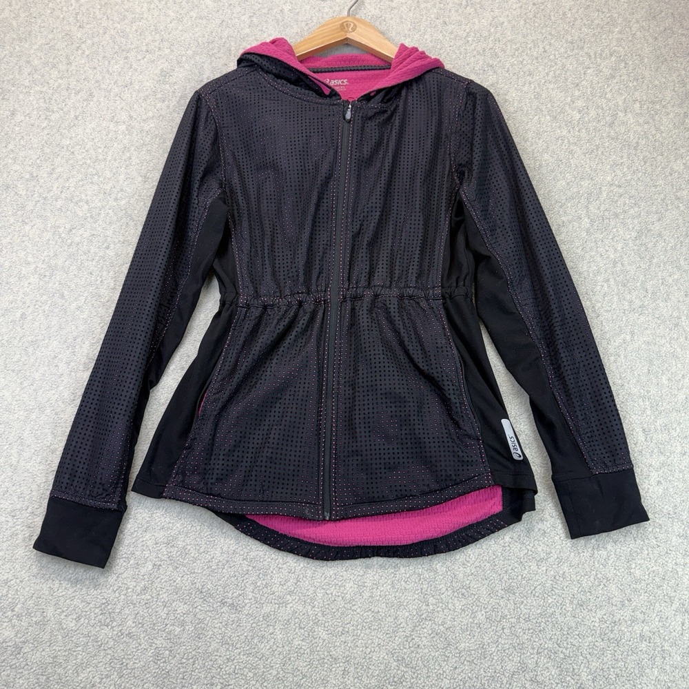 ASICS Women's Hooded Running Jacket Black Pink Fleece Lined Full Zip S